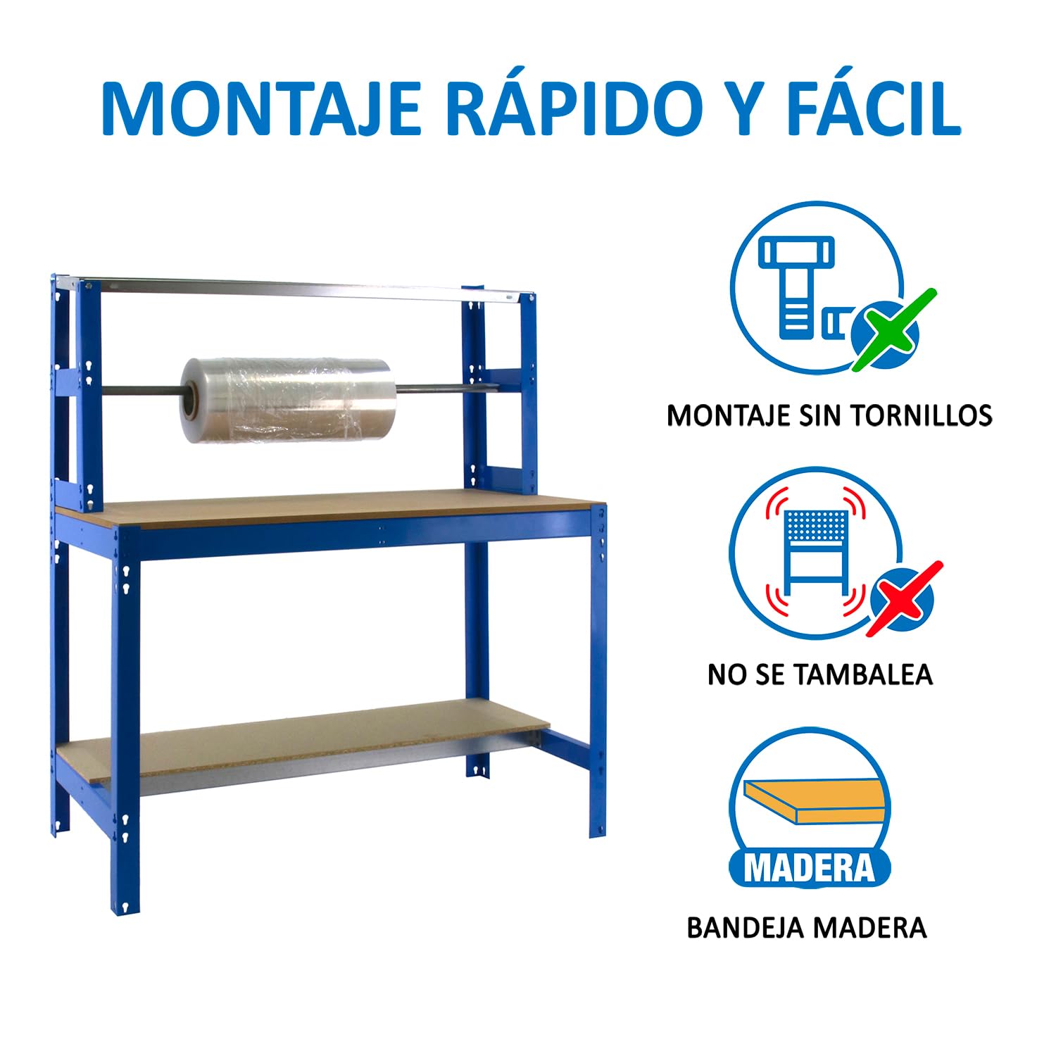 Simon Rack Banco de Trabajo con Porta Rollo y cajón 1210x760 mm - BT4 | Tablero madera 16 mm, Capacidad Carga 600 kg, Azul , Pintura anticorrosión, Montaje sistema clic