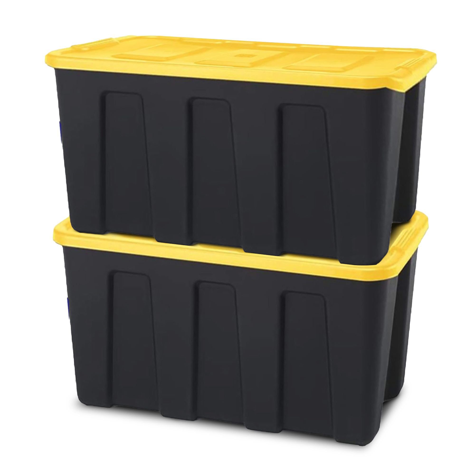 HOMZ Durabilt Plastic Storage Bins with Lids, 34 Gal, Black/Yellow, 2 Pack