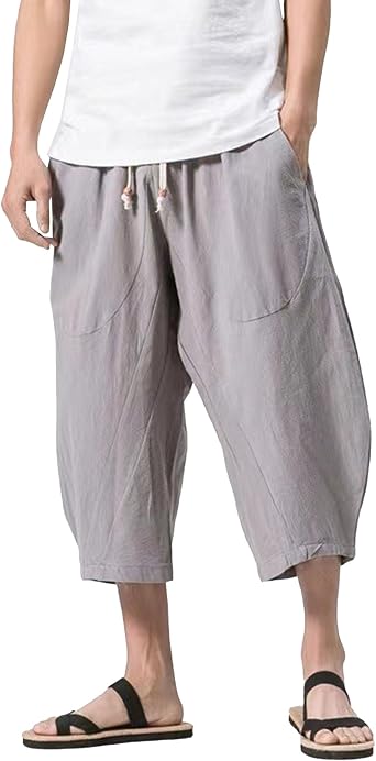 DGHM-JLMY Mens Linen Capri Short Pants Baggy Loose Fit Wide Leg Harem Pants Lightweight Yoga Shorts for Summer Beach