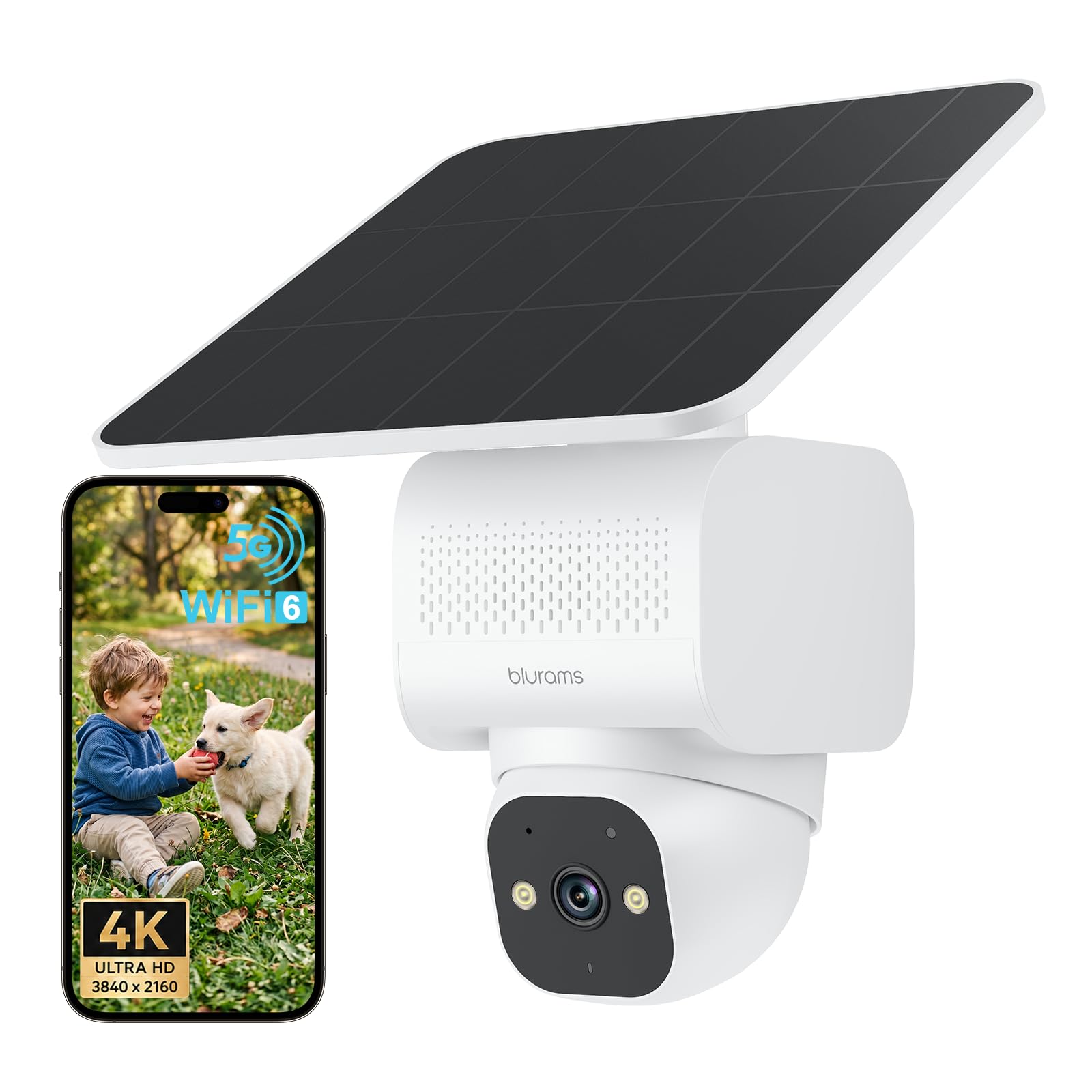 blurams 4K Telecamera WiFi Esterno Senza Fili Solare h24 | 8MP, Batteria 12000mAh con pannello 5W, Registrazione 24/7, Wi-Fi 6 Dual-band 2,4 GHz & 5 GHz, 360 gradi, IP66 Impermeabile
