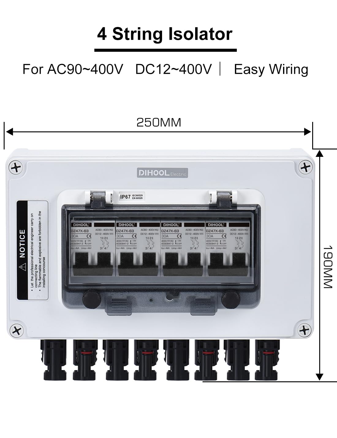 DC Trennschalter PV Anlage DC12V-DC400V 4 String 2 polig 30A IP67 Wasserdichtes Solar Leitungsschutzschalter Sicherungsautomat (4 in 4 out)
