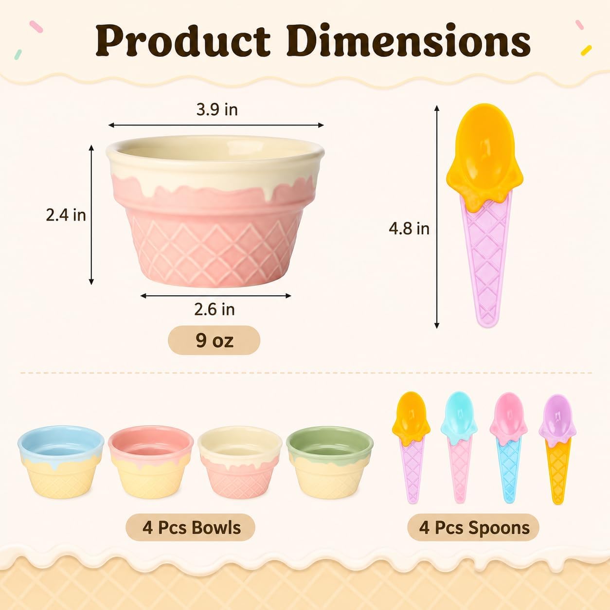 4 Pcs Ceramic Ice Cream Bowls, 9 oz Porcelain Dessert Bowls with Spoons, Reusable Dessert Sundae Cups, Lovely Small Snack Containers for Pudding, Yogurt, Treats