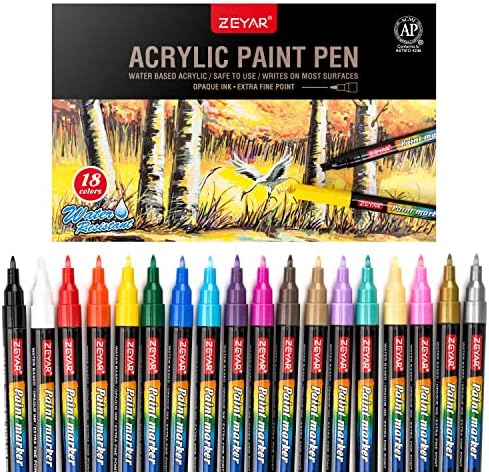 ZEYAR Premium Acrylic Paint Pen, Water Based, Extra Fine Point, 18 Colors, Odorless, Acid Free and Safe, Opaque Ink, Environmental Friendly, AP Certified