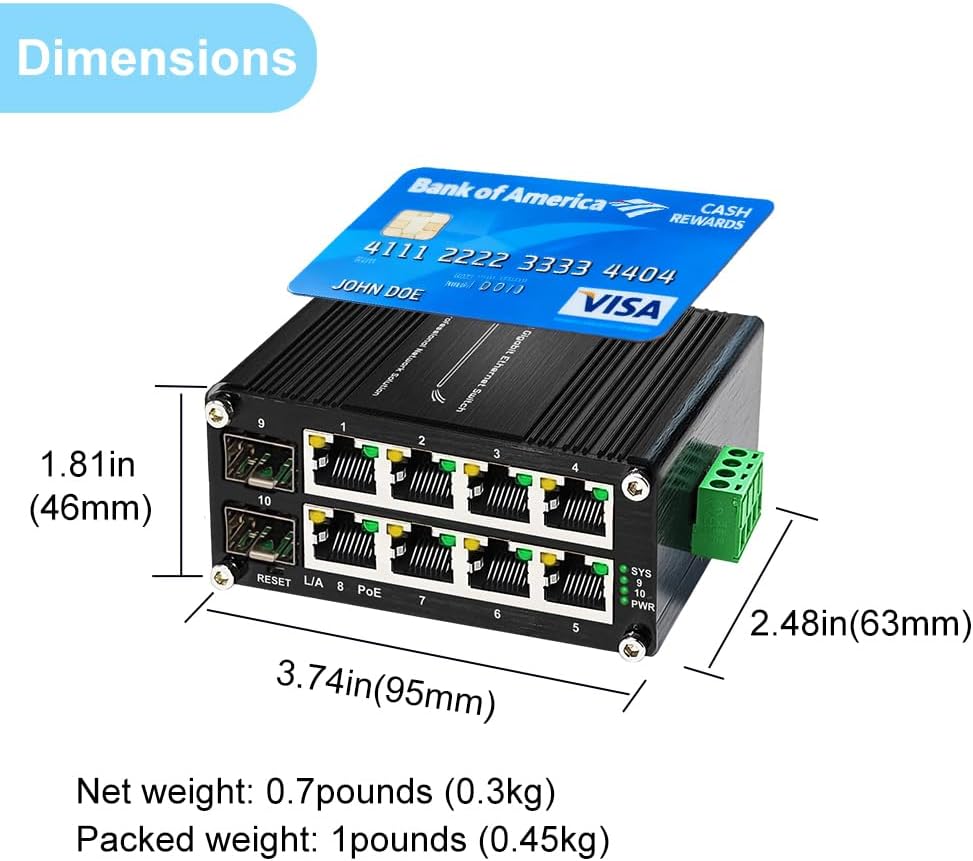 Htfoevrxs Industrial Managed 8-Port Gigabit PoE+ Switch with 2 SFP Slots, 240W Budget, DIN Rail Mount, IEEE802.3af/at Compliant, -40°C to 80°C for IP Cameras/AP