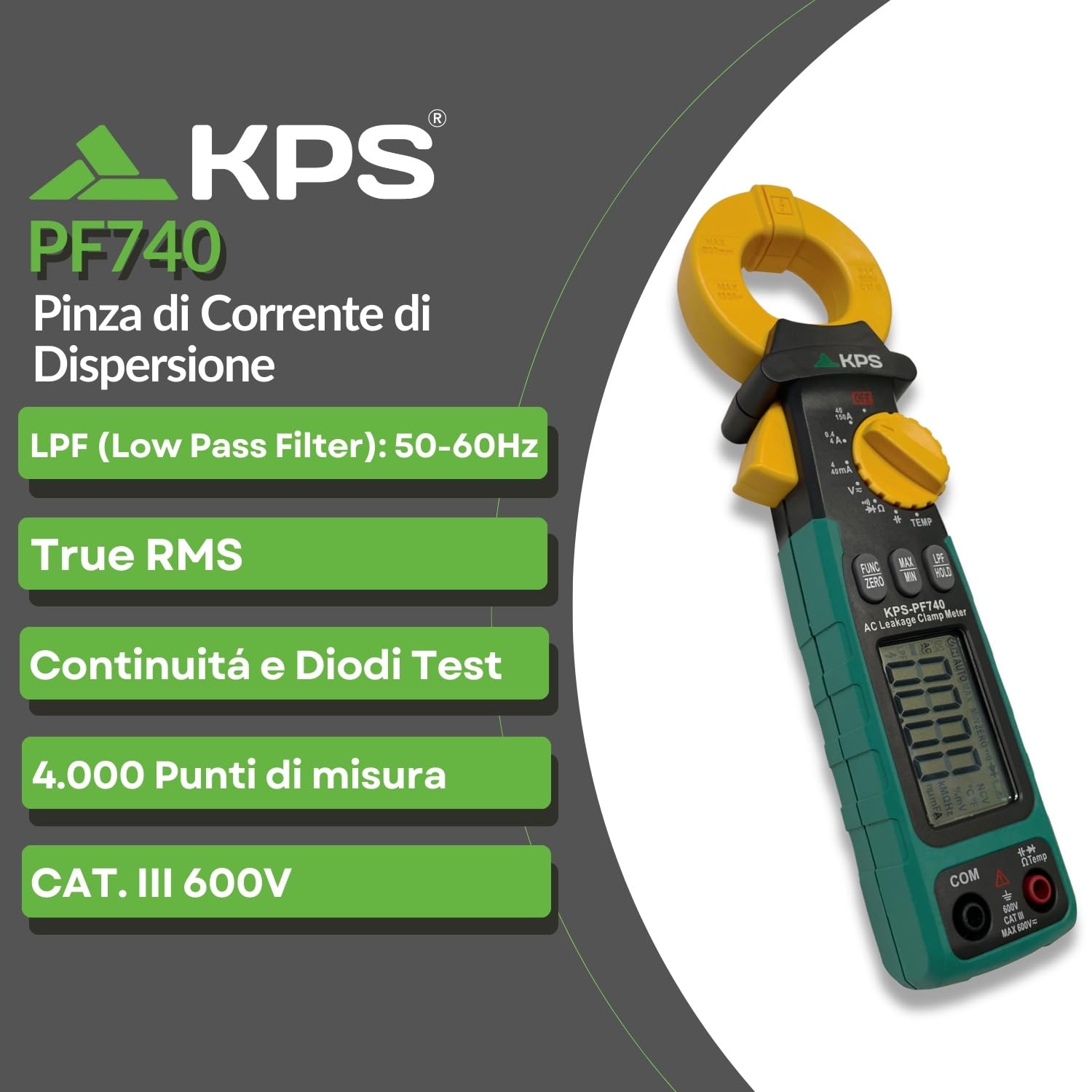 KPS -PF740 Pinza di perdite TRMS AC Max 150A, 4000 conti, tensione AC/DC 600 V, corrente AC 150 A, resistenza 40 MΩ, capacità 40 μF e temperatura, cat. III 600 V