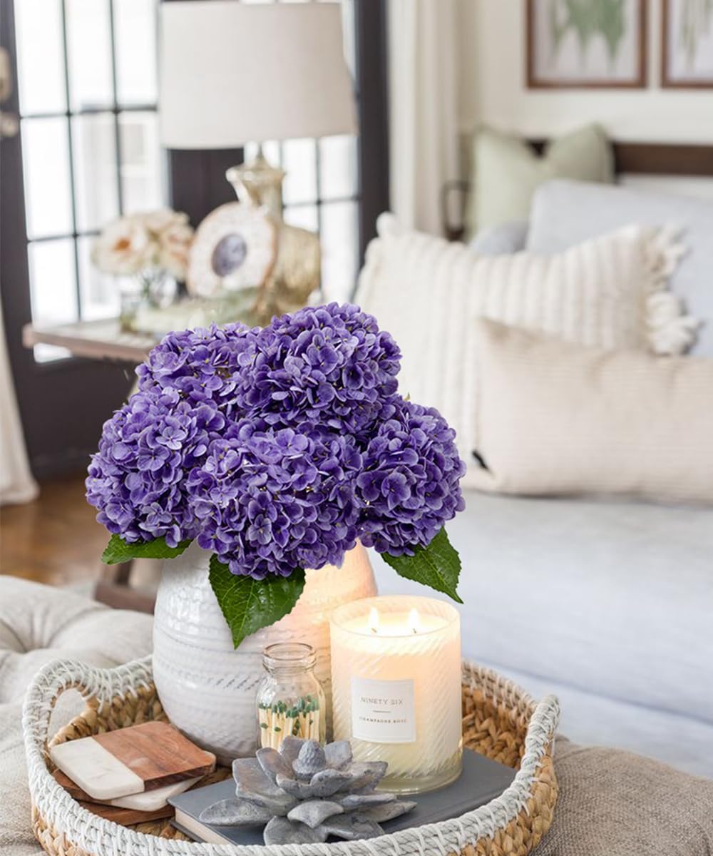 DuHouse 3Pcs Hydrangea Artificial Flowers,Latex Real Touch Hydrangeas with Long Stems & Leaves for Home Decor Party Floral Arrangements Wedding Bouquets Centerpieces(Purple) - Image 5