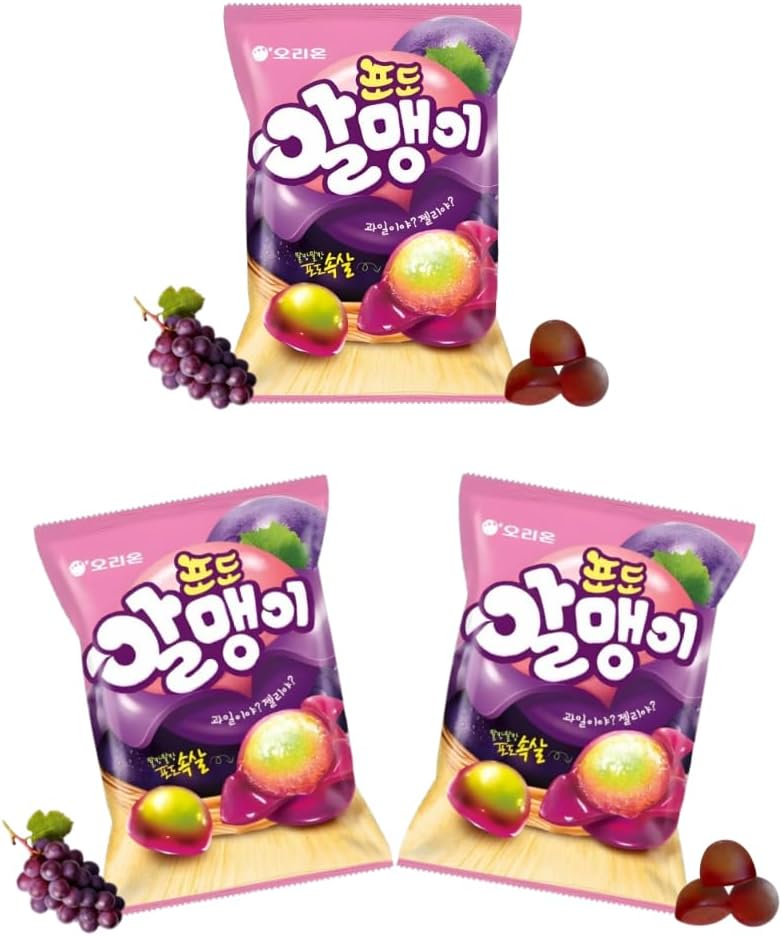 Korean Fruit Jelly Candy – Assorted Chewy Gummy Snacks –3 Fruity Flavors (Grape, Lychee, Mango) – Individually Wrapped – Perfect for Kids & Adults – 알맹이젤리 (Grape–2.9oz(81g) × 3pack)