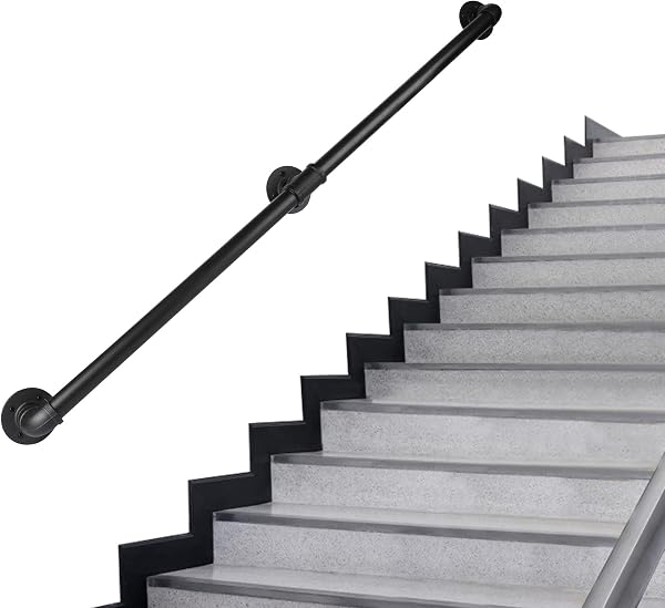 Rectoo Pipe Stair Handrail, Metal Staircase Handrail, Black Galvanized Industrial Iron Hand Rail for Indoor & Outdoor Wa