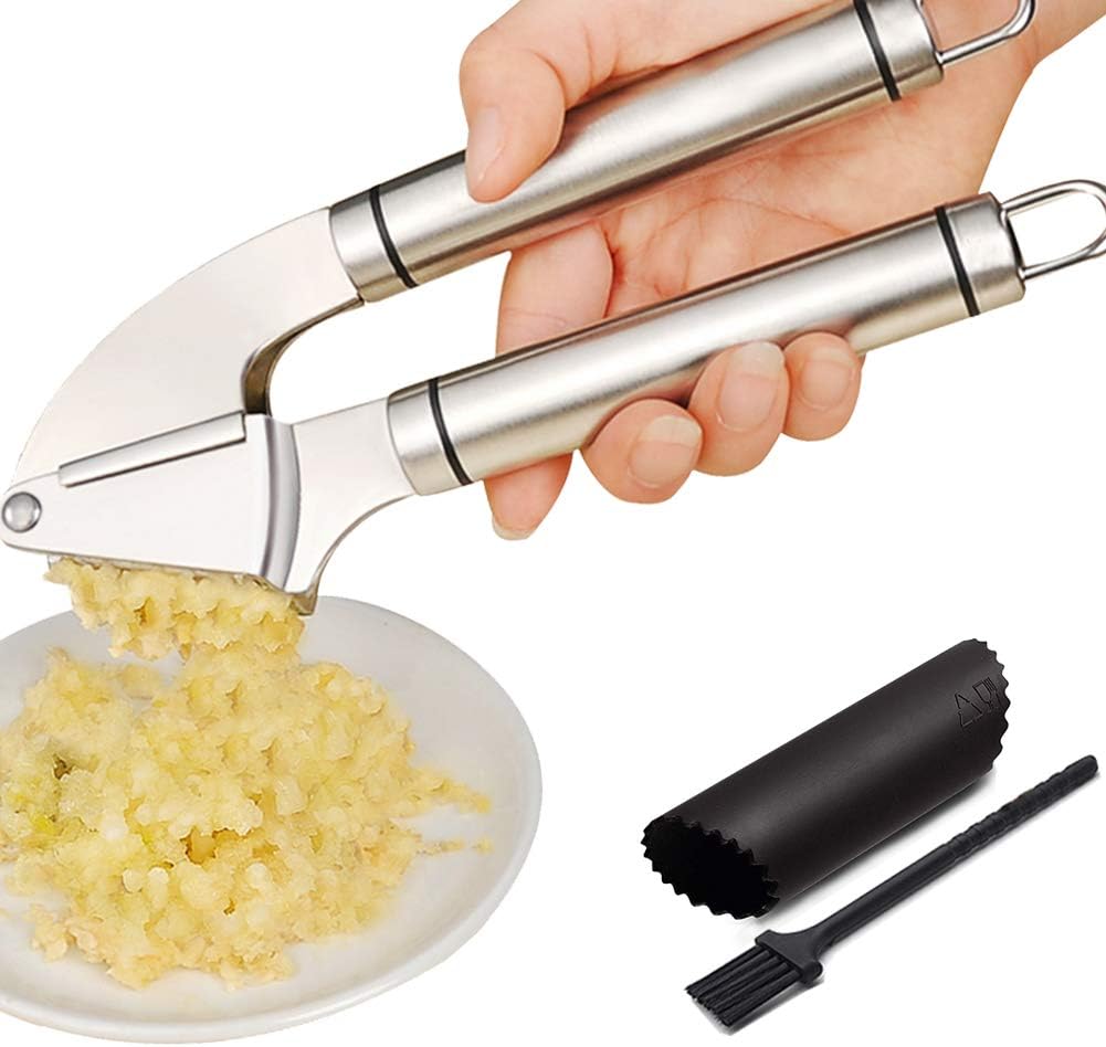Premium Garlic Press Set - Large Capacity Stainless Steel Mincer, Crusher & Peeler, Ergonomic Design, Rust Roof, Easy Clean & Dishwasher Safe