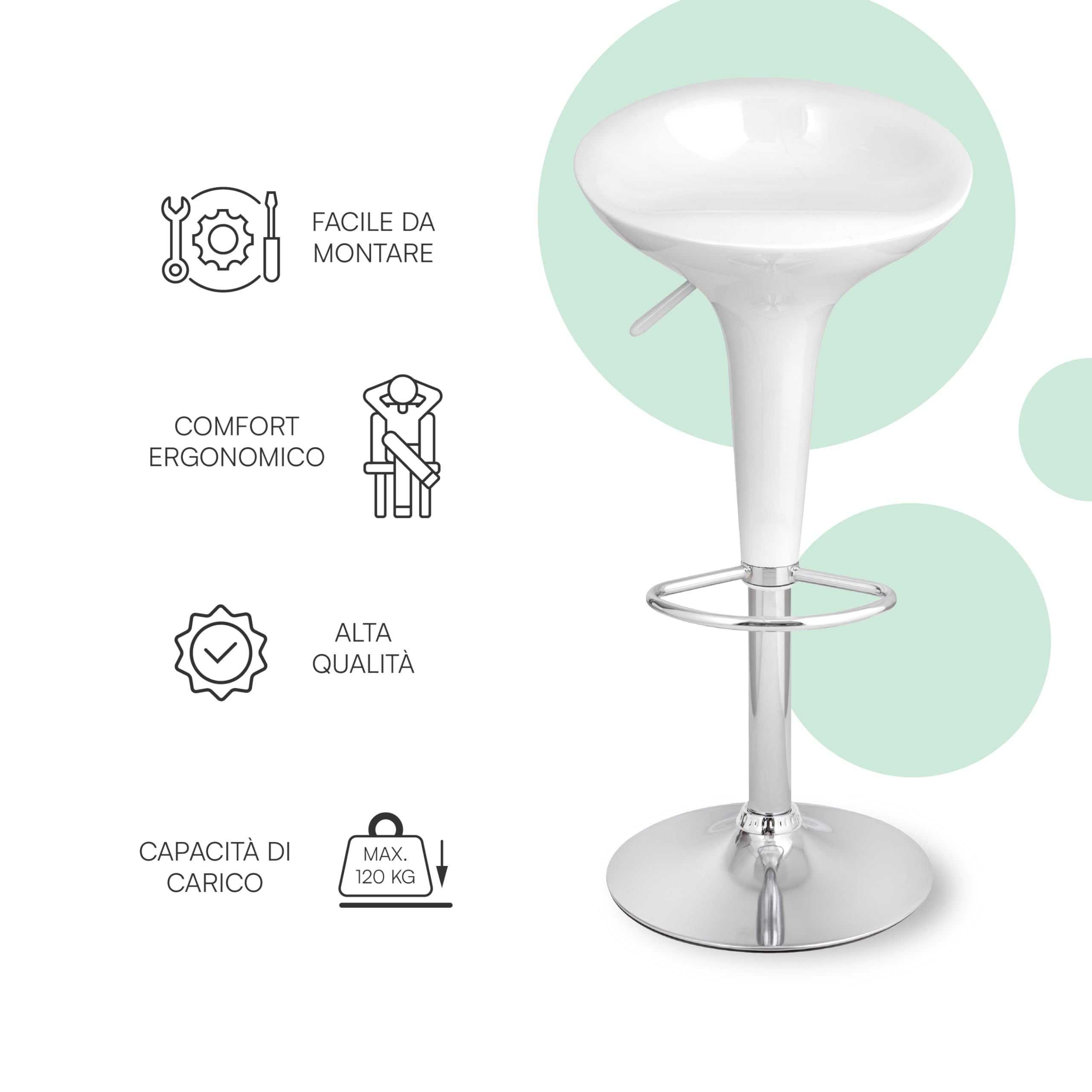 Baroni Home 2 Swivel Bar Stools with Adjustable Height, Plastic Seat, Chrome Base with Footrest and Anti-Scratch Bottom, Kitchen and Peninsula, 40 x 45 x 59-79 cm, White 2 Pieces — view 5