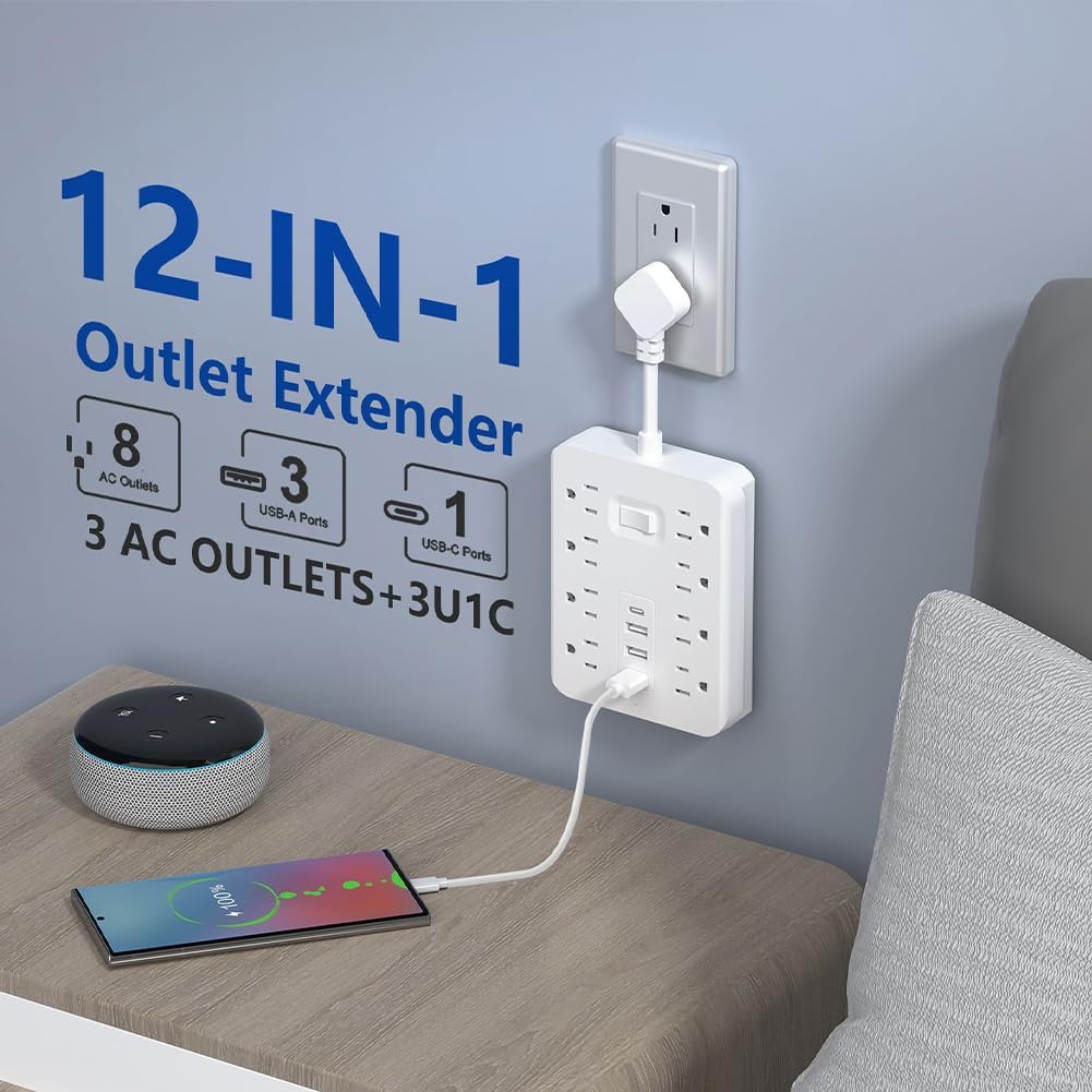 Power Strip with 1700J Surge Protector, Flat Plug Extension Cord with Multiple Outlets, 8 AC, 3 USB A & 1 USB C Port for 12W, Mini Extension Cord for Home, Office, Dorm Essential - US,White