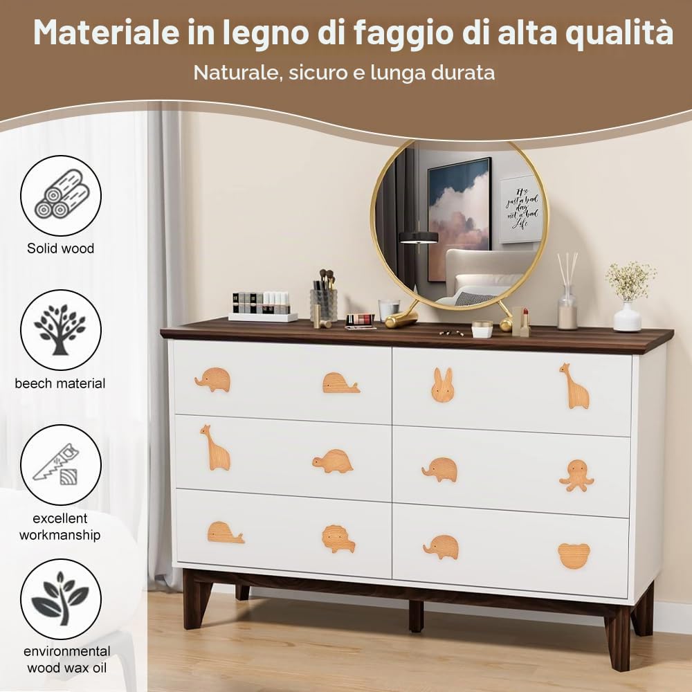 Pomelli per Mobili Bambini Maniglie Armadio Orso Leone Coniglio 8 pz Legno Viti