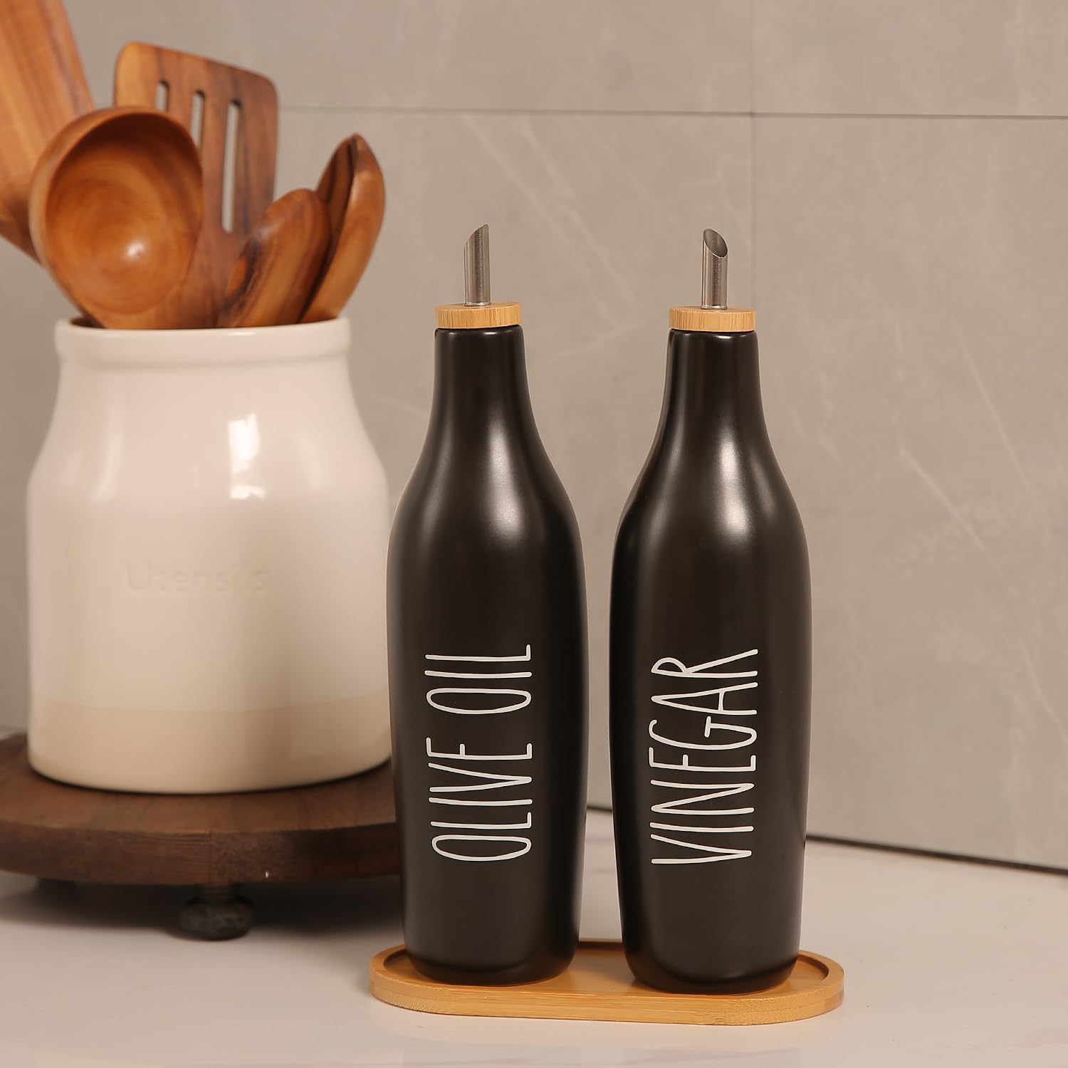 HOMCDALY Olive Oil and Vinegar Dispenser Set, Ceramic Oil and Vinegar Bottles with Bamboo Tray, 16.9oz Kitchen Cruet - Set of 2 - Black image 2