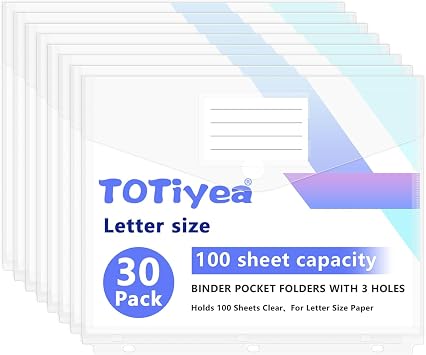TOTiyea 30 Pack Binder Pockets for 3 Ring Binders, 100 Sheets High Capacity Pocket Folders, Expandable, Plastic Folders with Tight Closure, Folders with Pockets Side Loading, Letter Size, Clear
