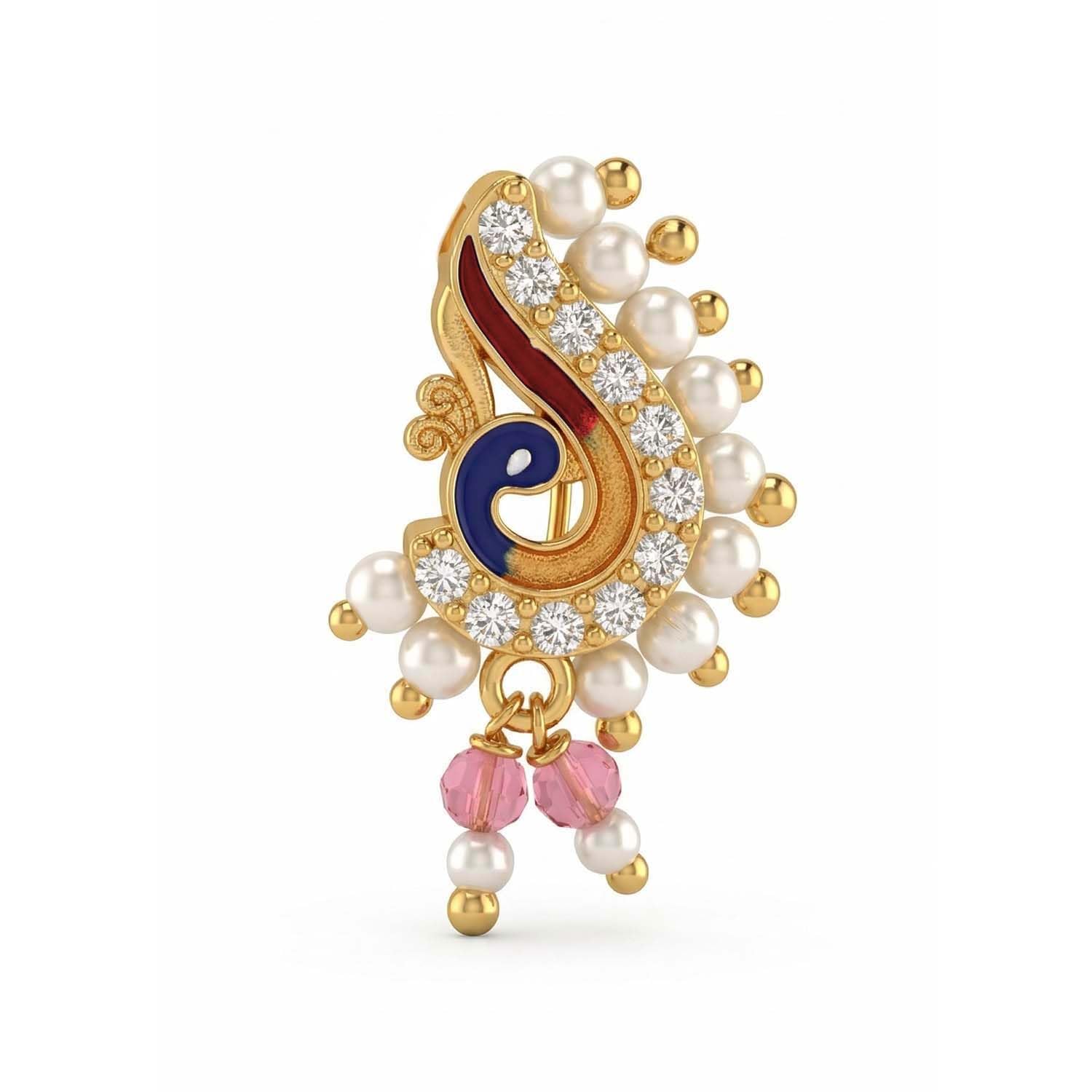 FASHIONS Gold Plated Peacock Design Maharastrian Marathi Nathni Stone Pearl Nose Ring Pressing Nosepin Bridal Non Piercing Nathiya Nath Clip on Nosering For Women-image-29