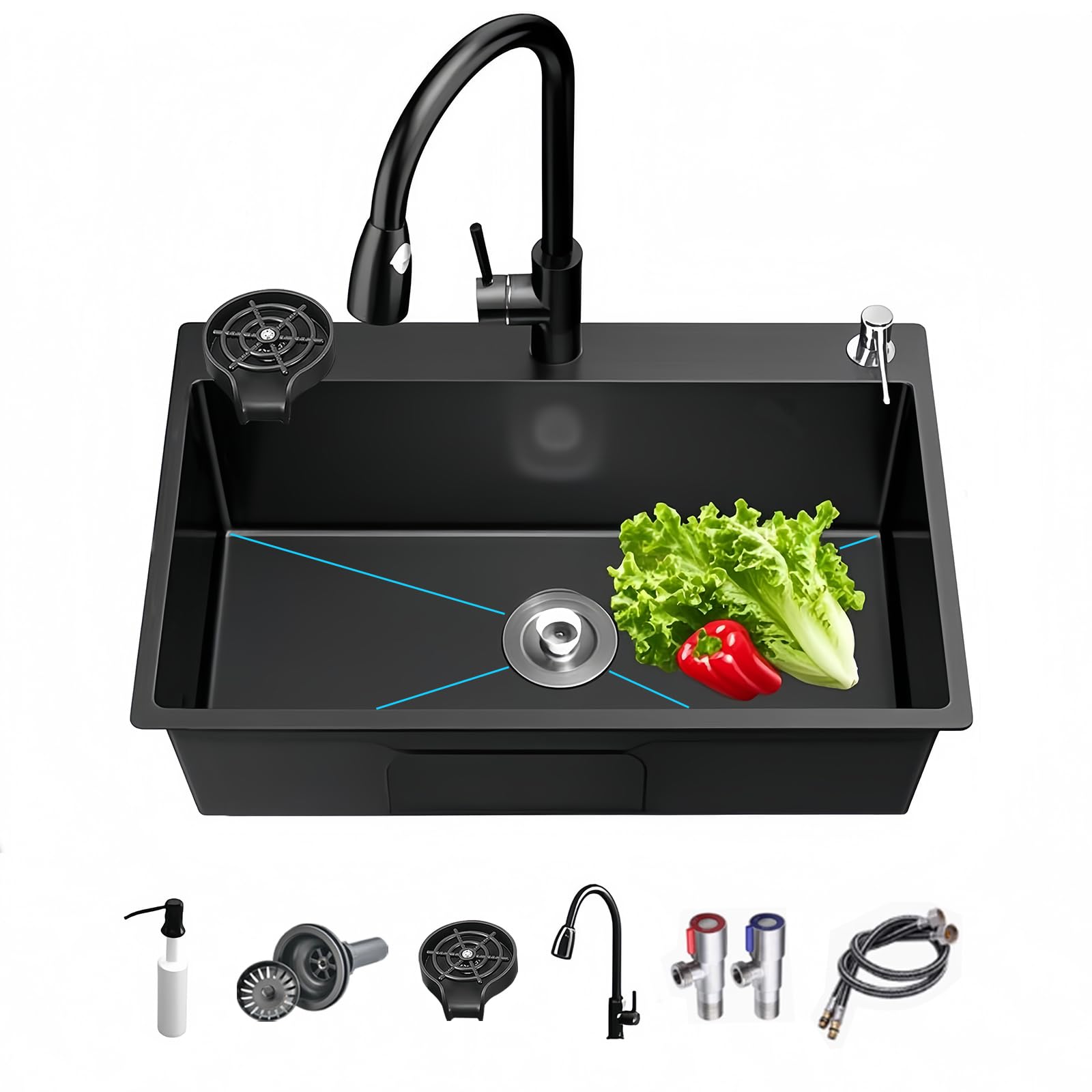Fregadero de Acero Inoxidable Negro de Tres Agujeros, 80 x 50 cm, Fregadero de Cocina Utilitario, Tazón Único con Dispensador de Jabón, Grifo, Adecuado para Cocina, Bar y Uso al Aire Libre