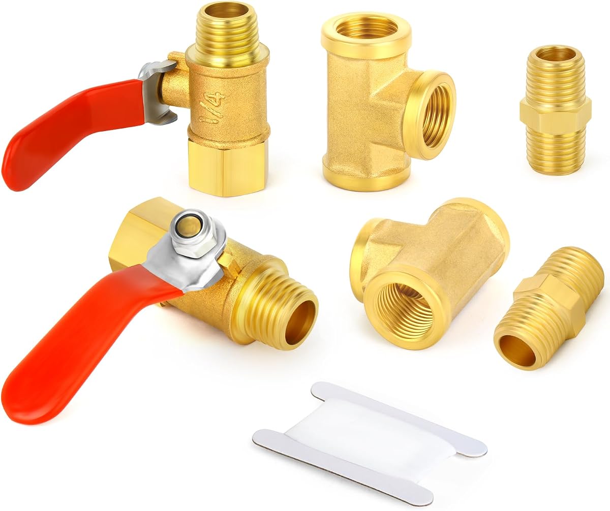 GASHER 6PCS 1/4 Inch NPT Brass Pipe Fitting, Ball Valve, Barstock Tee Brass Pipe Fitting and Air Hose Fitings