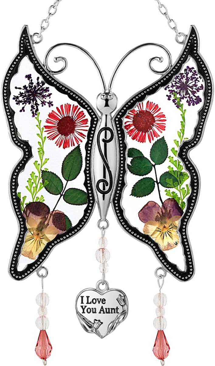 I Love You Aunt New Butterfly Suncatchers Glass Aunt Wind Chime with Pressed Flower Wings Embedded in Glass with Metal Trim Aunt Heart Charm - Gifts for Aunt -Aunt for Birthdays Christmas - Image 3