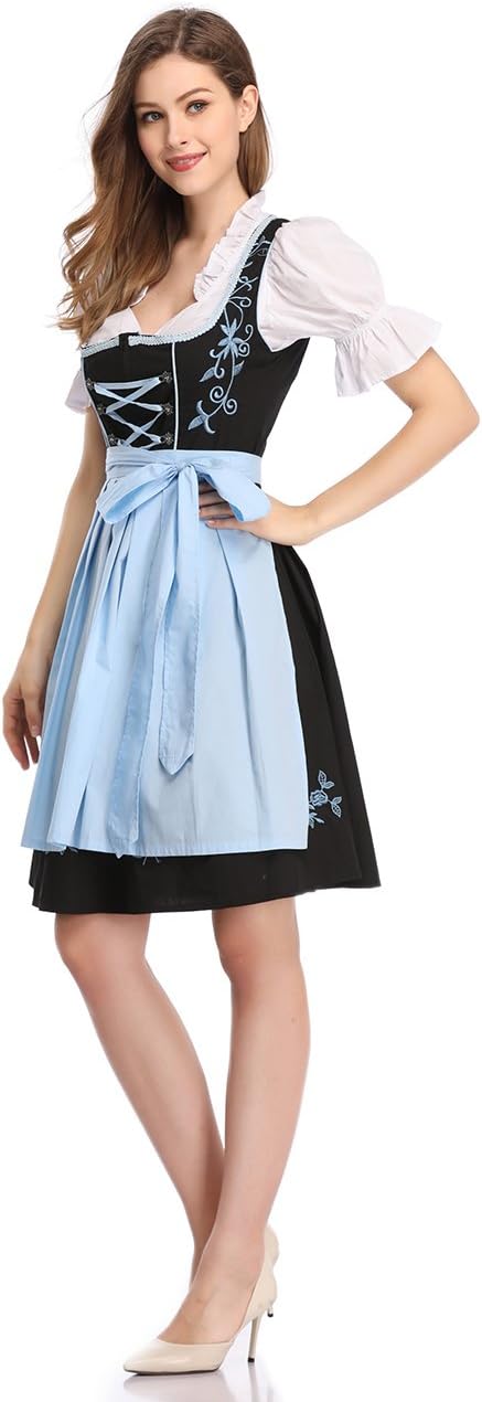 Women German Dirndl Dress Costumes for Bavarian Oktoberfest Halloween Carnival Black with Blue S