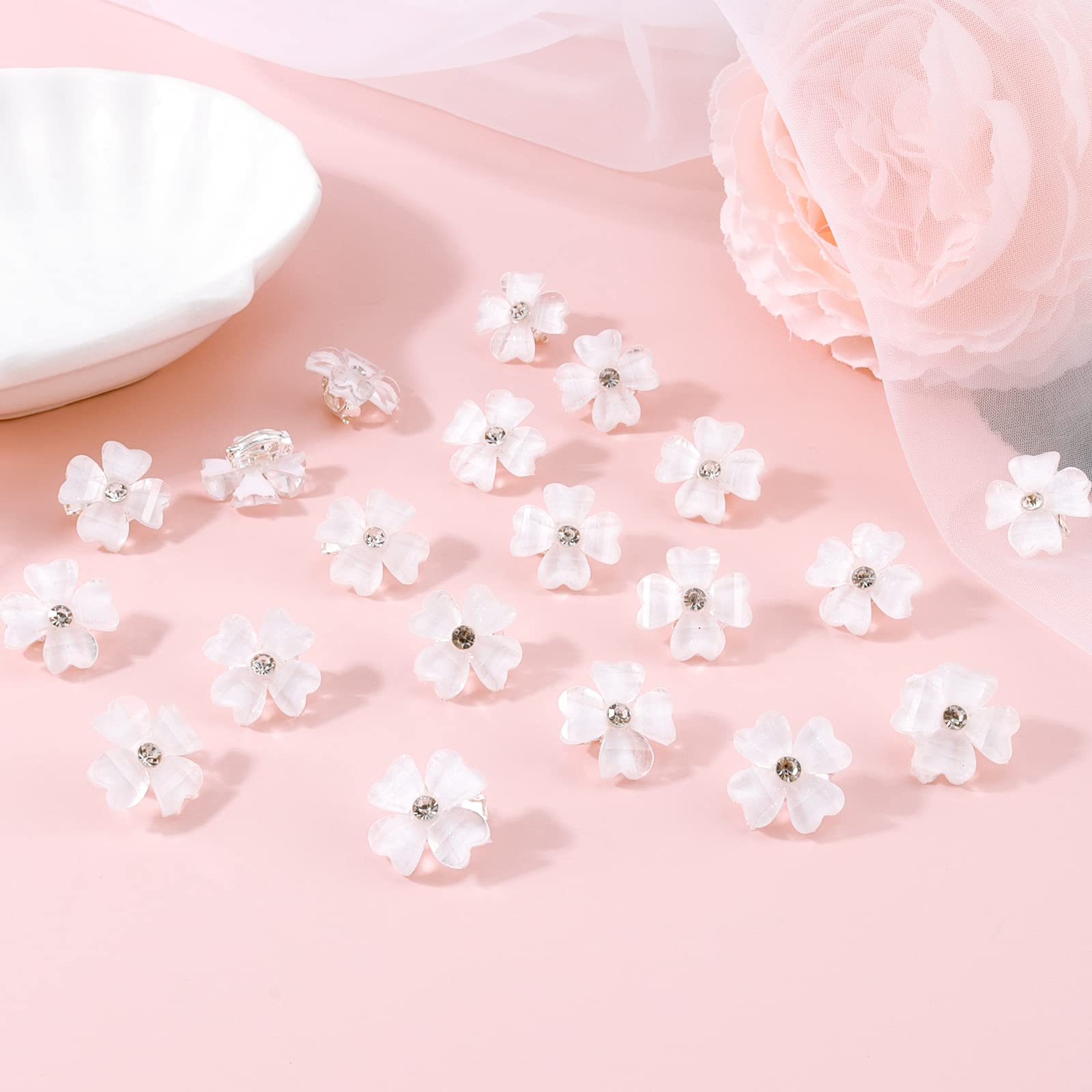 20 mini pinzas para el pelo con flores blancas con diamantes de imitación, horquillas decorativas para el cabello, pasadores de pelo de boda, accesorios para el cabello de novia para niñas y 6