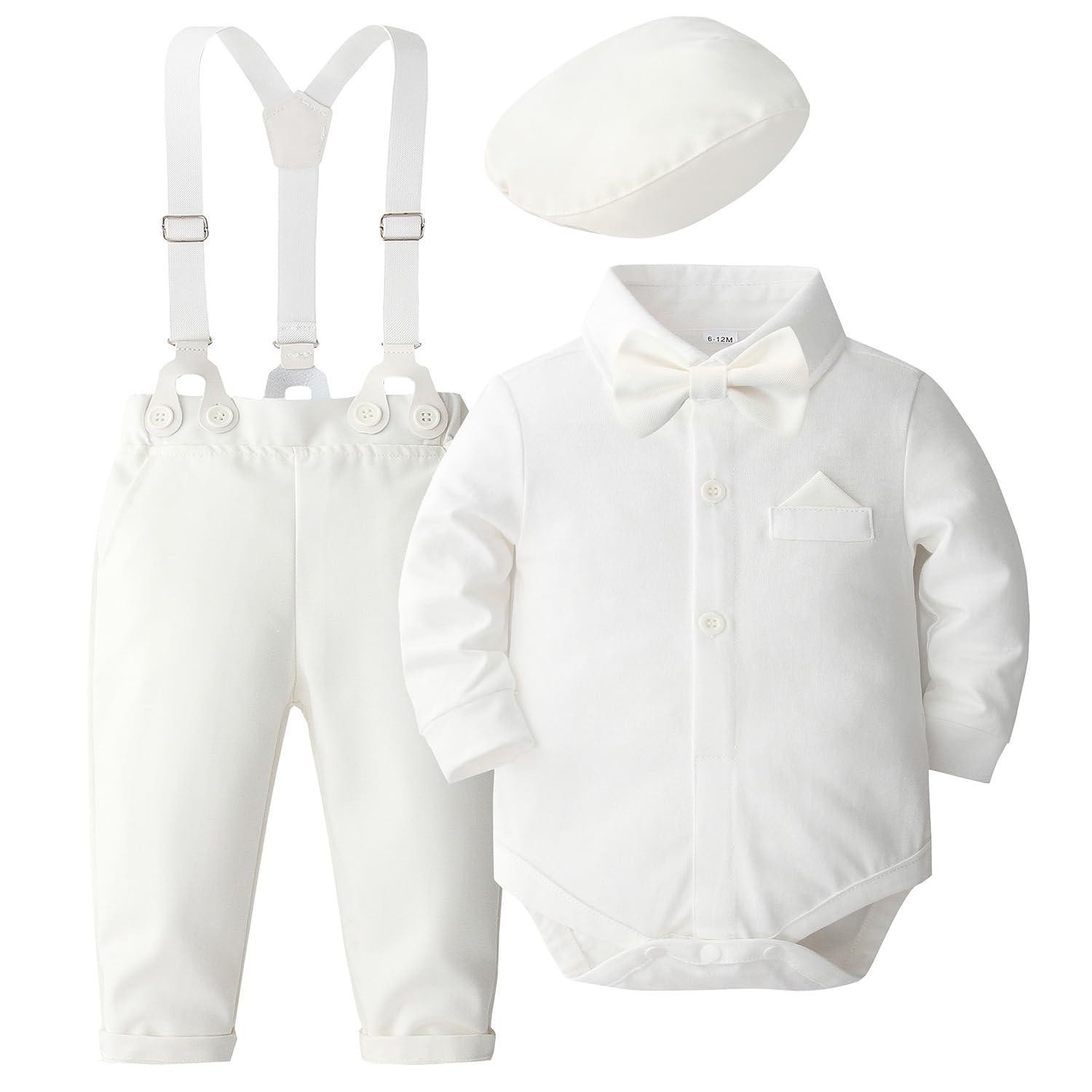 SALNIER Baby Boy Dress Suit Clothes Sets Infant Tuxedo Gentleman Suits Outfits Bowtie Shirt Suspenders Pants Beret Hat 0-24M(Baptism-white,6-12 Months)