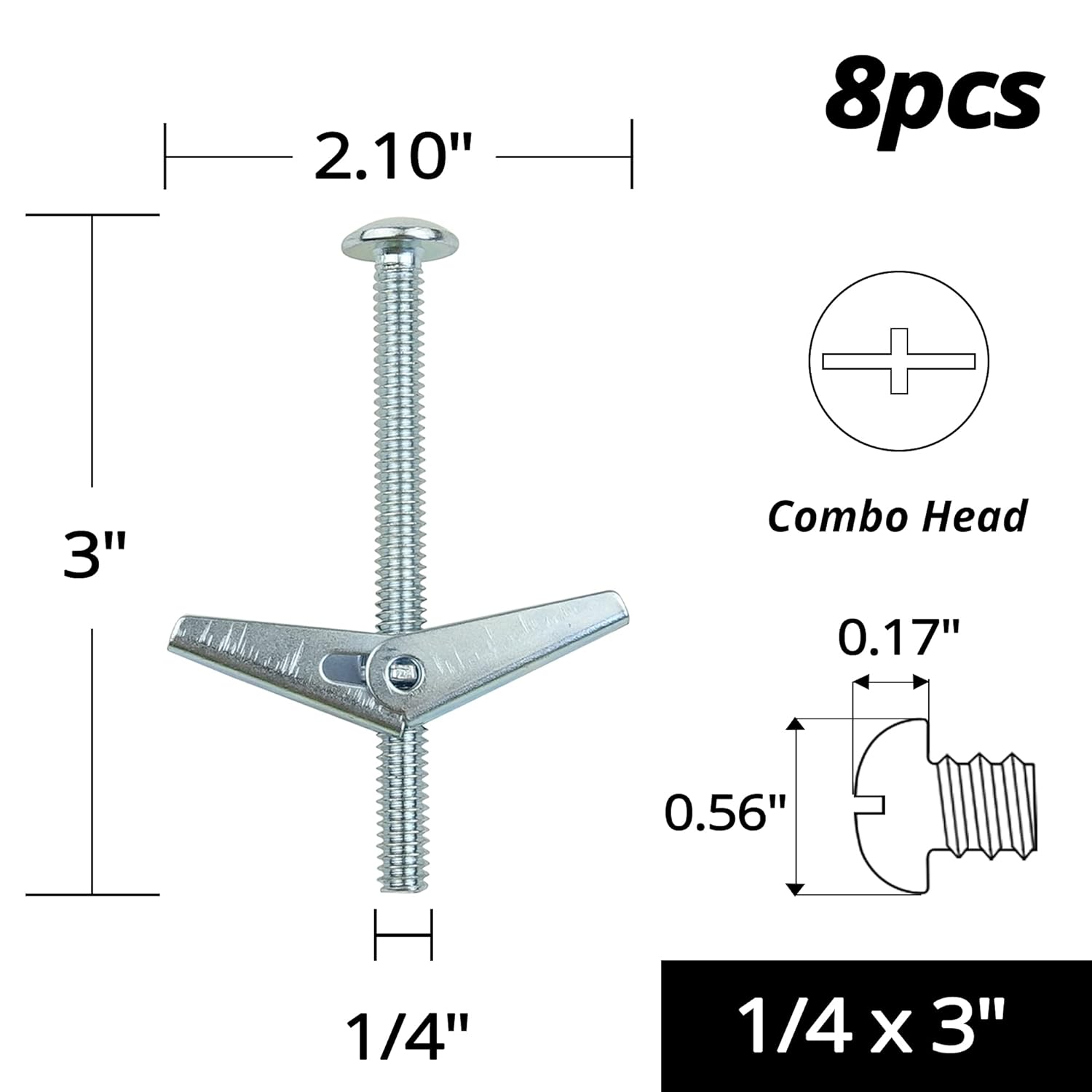 HASWARE Toggle Bolt Zinc Plated Steel and Wing Nut for Hanging Heavy Items on Drywall 1/4x3” (8 Pack)