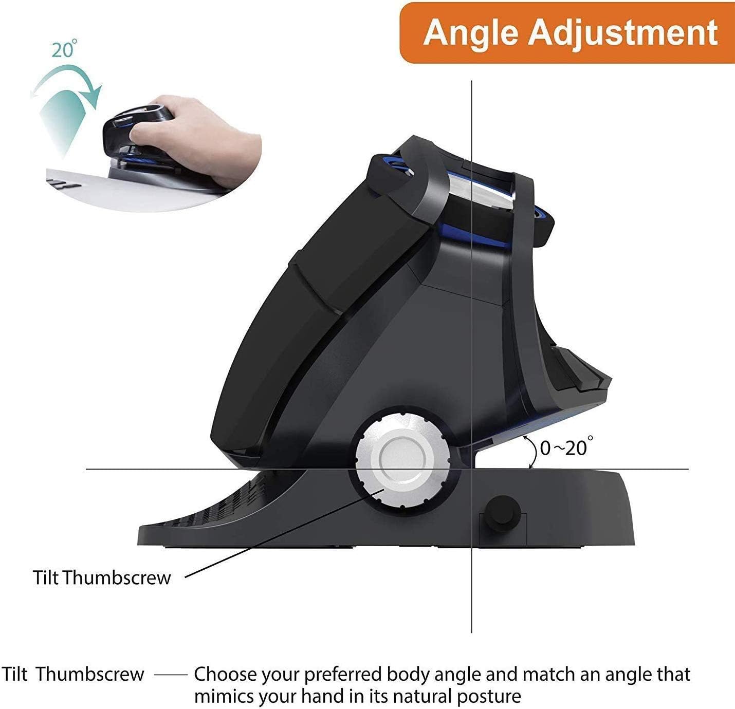 Rechargeable Wireless Vertical Mouse, BT 3.0 4.0+2.4GHz Adjustable Angle Ergonomic Mouse (2021 Upgraded), DPI 600/1200/1600/4000 with LED Light Wireless Mice for PC/MAC, 6 Programmable Buttons