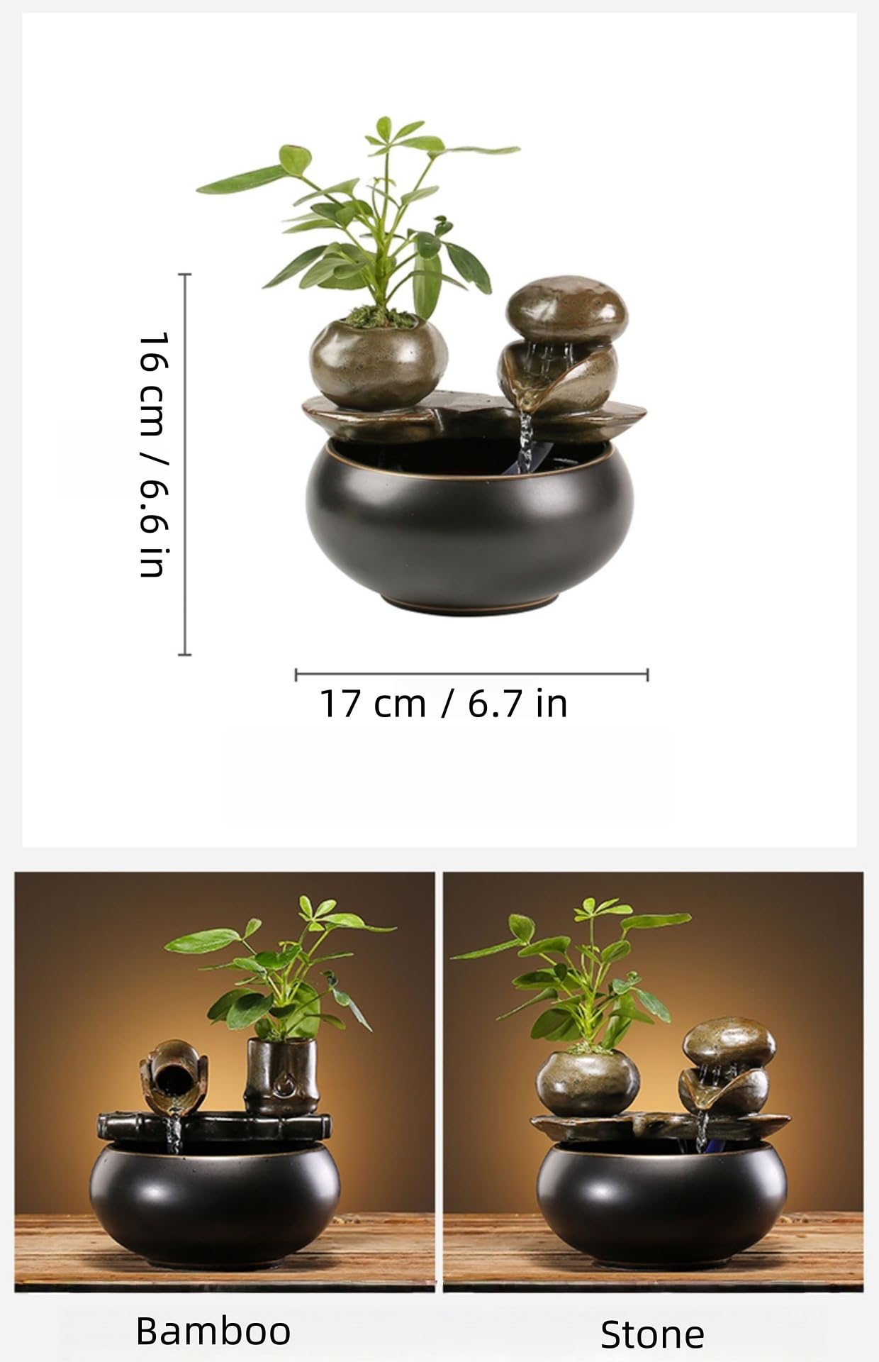 Fontaine de table en céramique avec élément d'eau en pierre – Fontaine de table noire brillante avec design naturel, décor de bureau silencieux pour la relaxation à la maison et au bureau'