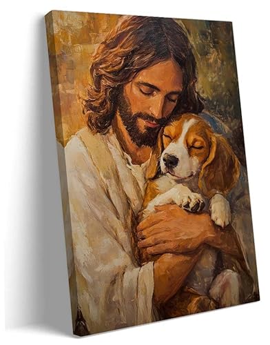 Anypicrt Jesus Poster Framed Jesus Hugs Beagle Dog Wall Art Religious Canvas Painting Picture Prints Pet Modern Wall Decor for Room