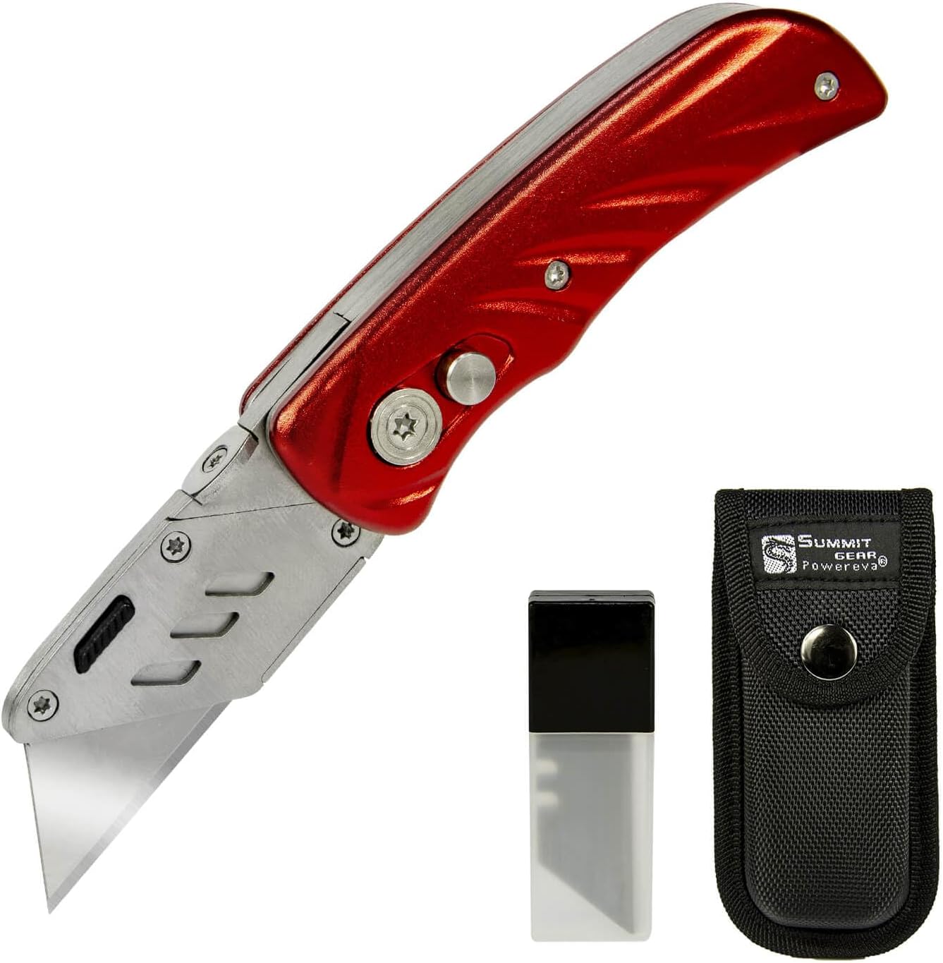 Folding Utility Knife/Box Cutter Stainless Steel with Clip, Quick Change Blades, Lock-Back Design+ Nylon Pouch + 5 Extra SK5 Replacement Blades Red
