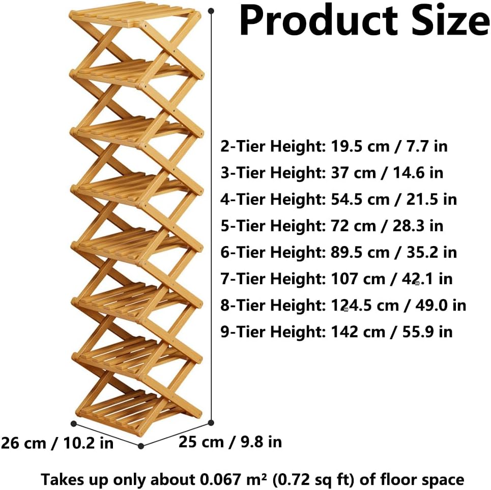 No-Assembly Bamboo Shoes Rack, Foldable Vertical Corner Shoe Organizer, Multifunctional Narrow Shoe Shelf for Entryway, Closet, Bedroom, Hallway (Original, 9-Tier)