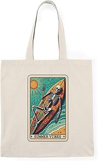 حقيبة يد قماشية بسحاب - حقيبة قماشية بسحاب مضحكة للصيف بتصميم هيكل عظمي وبطاقة التاروت الصيفية