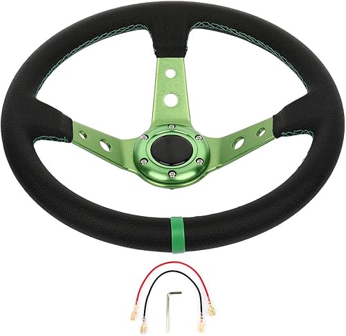 Miniatura 6 de SCITOO 350MM14inch Universal BK DISH Vinilo Verde Cuero Aluminio Coche Carreras Volante Deportes Drifting Wheel & Bocina Botón Aluminio Negro