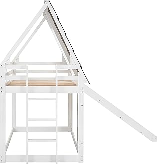 Merax Twin Over Twin House Bunk Bed Frame with Roof,Window,Ladder and Slide for Boys Girls, White & Brown