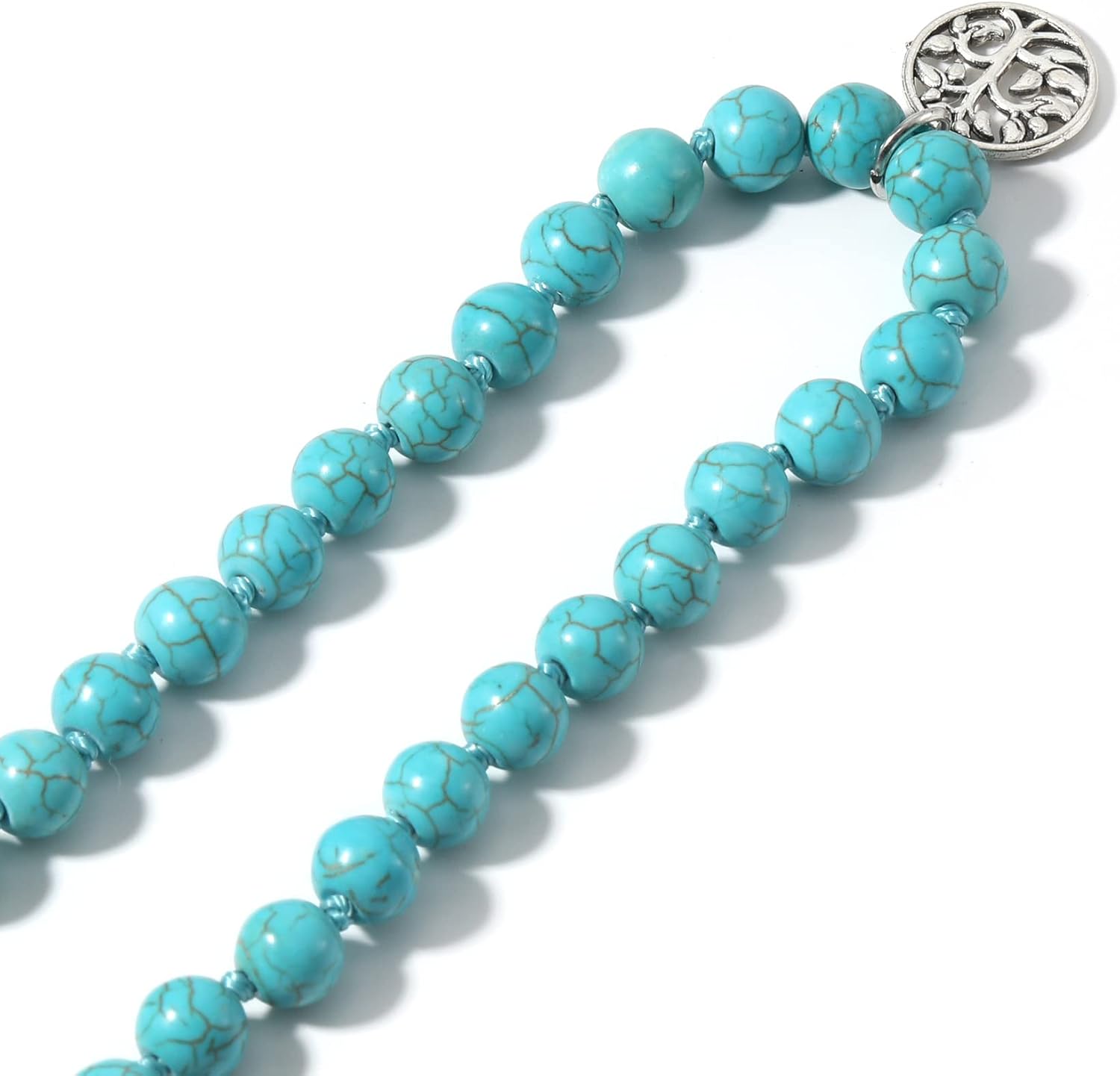 COLORFUL BLING Handmade 8MM Semi-precious Stone Beaded Natural Wood Mala Beads Long Tassel Fringe Pendant Necklace for Women Men Prayer Tibetan Jewelry