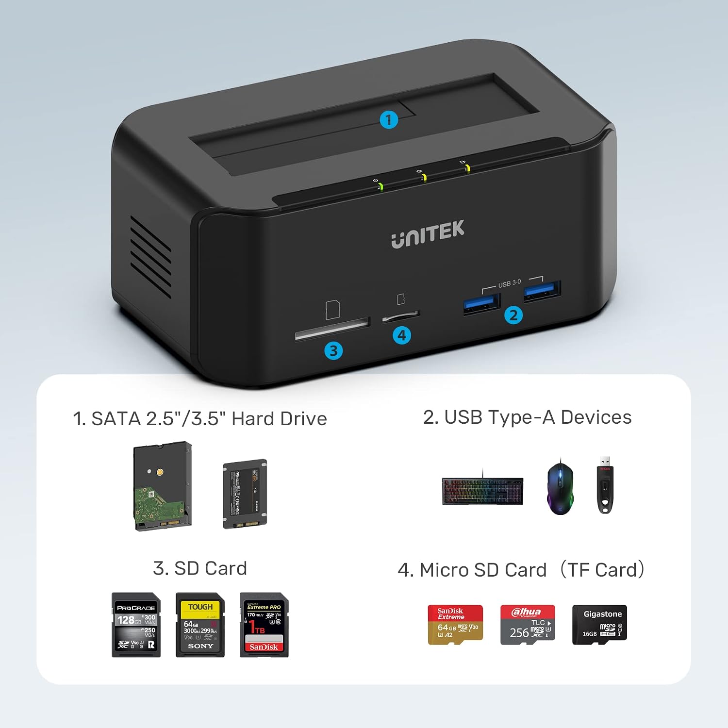 Unitek Tool Free USB 3.0 to SATA External Hard Drive Docking Station with 2-Port Hub and Card Reader for 2.5/3.5 Inch HDD SSD SATA I/II/III, Support UASP and 16TB