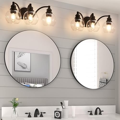 Miniatura 7 de Lámparas clásicas de baño de 3 luces, luces negras modernas con pantalla de vidrio transparente, lámpara de pared de baño para sala de estar, espejo