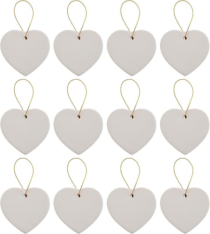 Creative Hobbies Ready to Paint DIY Ceramic Bisque Heart Ornaments with Hanger for Christmas Tree and Holiday Decoration | Pack of 12