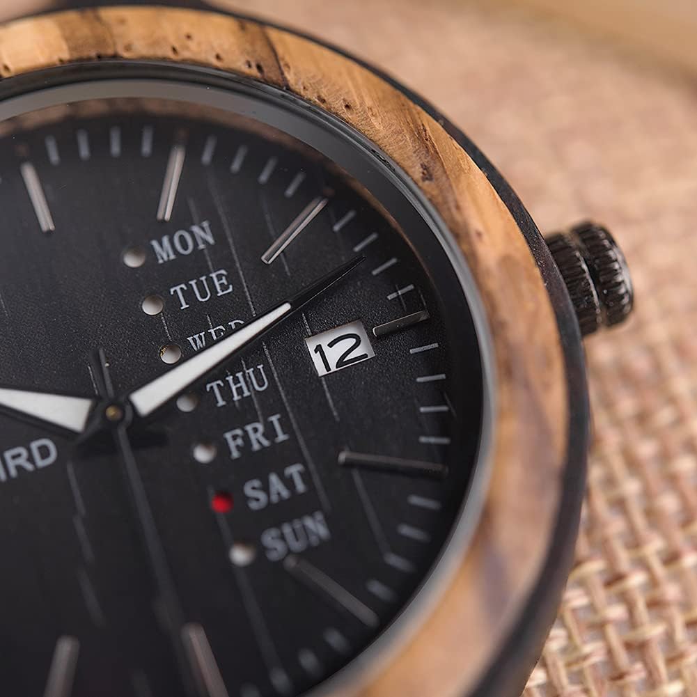 EBONY Wooden Couple Watches for Him Her Handmade Multi-Color Wood Band Date Week Display Wristwatch Unique Anniversary for Boyfriend and Girlfriend