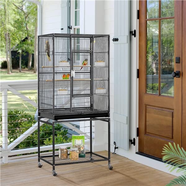 Abician Grande Cage à Oiseaux sur Pied en Métal, Cage d'élevage à roulettes avec Loquet Robuste, Étagère de Rangement, 136cm de Haut, Petits Oiseaux Noir