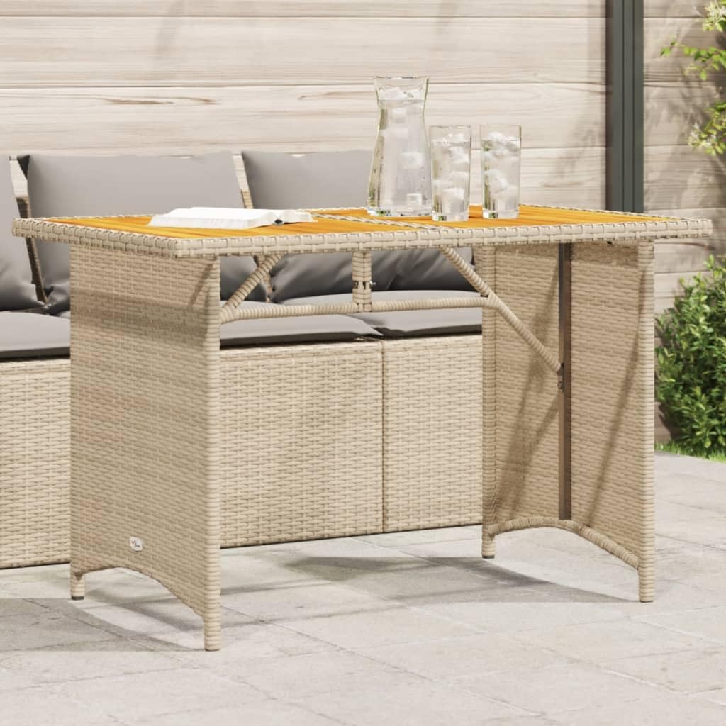 Garden Coffee Table Beige PE Rattan with Powder-Coated Steel and Solid Acacia Wood top, 43.3 x 26.8 x 27.6 in Patio Furniture Outdoor Table for Balcony, Patio, Garden Relaxation and Dining