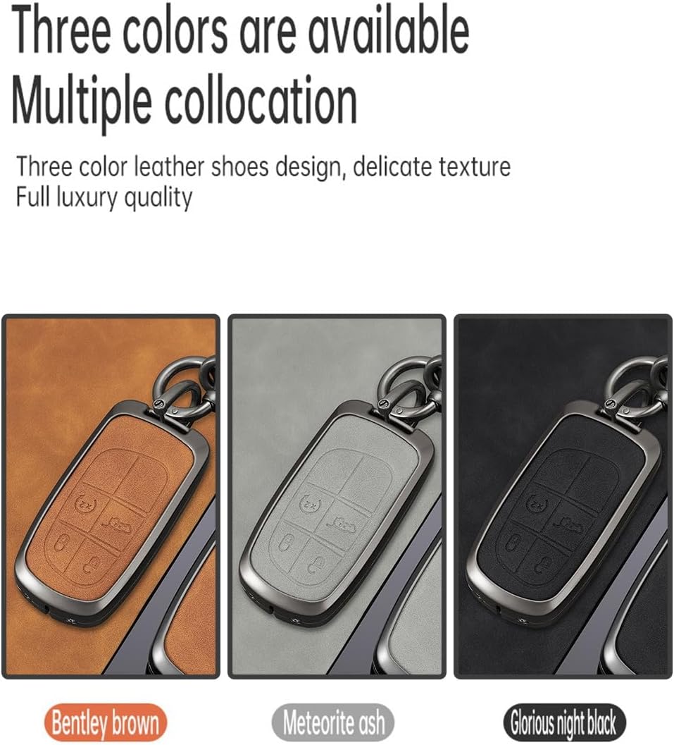 KUNIO for Jeep Leather Car Key Fob Cover Case fit for Jeep Compass 2025 Dodge Durango Cherokee Grand Cherokee Renegade Charger RAM Chrysler 300 Key Chain Key Shell Accessories 4 Button Brown