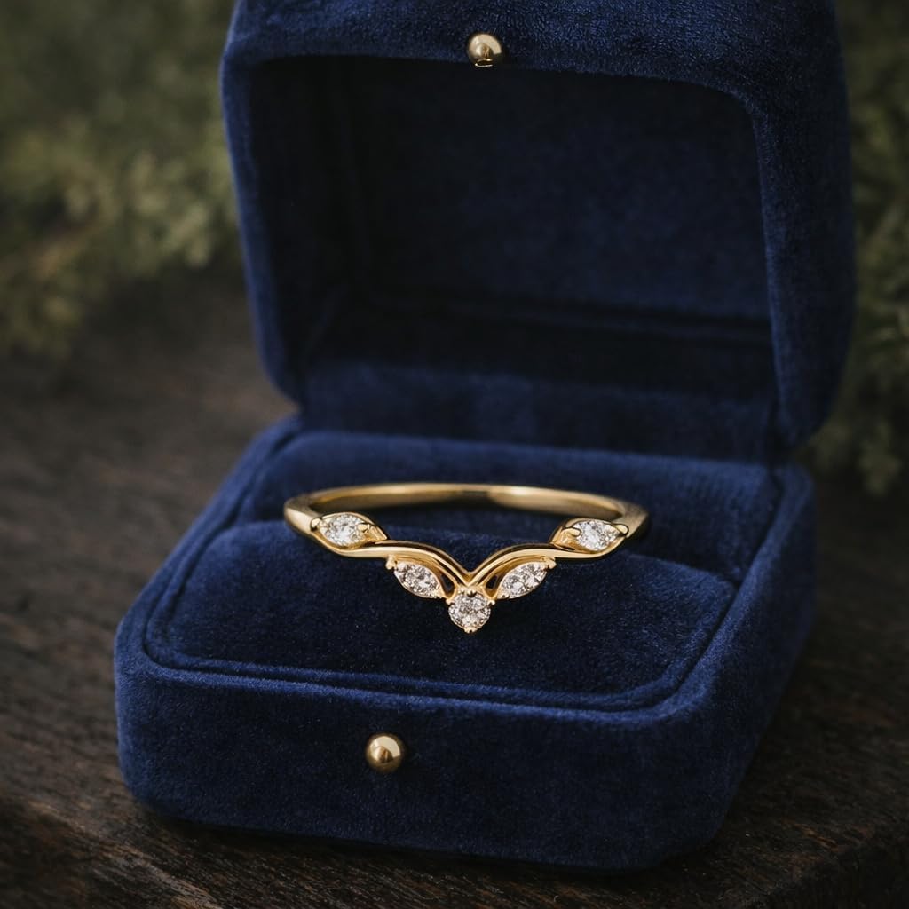 V Shape Chevron Diamond Band Engagement Ring 14K Solid Gold, Milgrain Diamond Wedding Band, Curved Wishbone Ring Dainty Promise Gift For Love