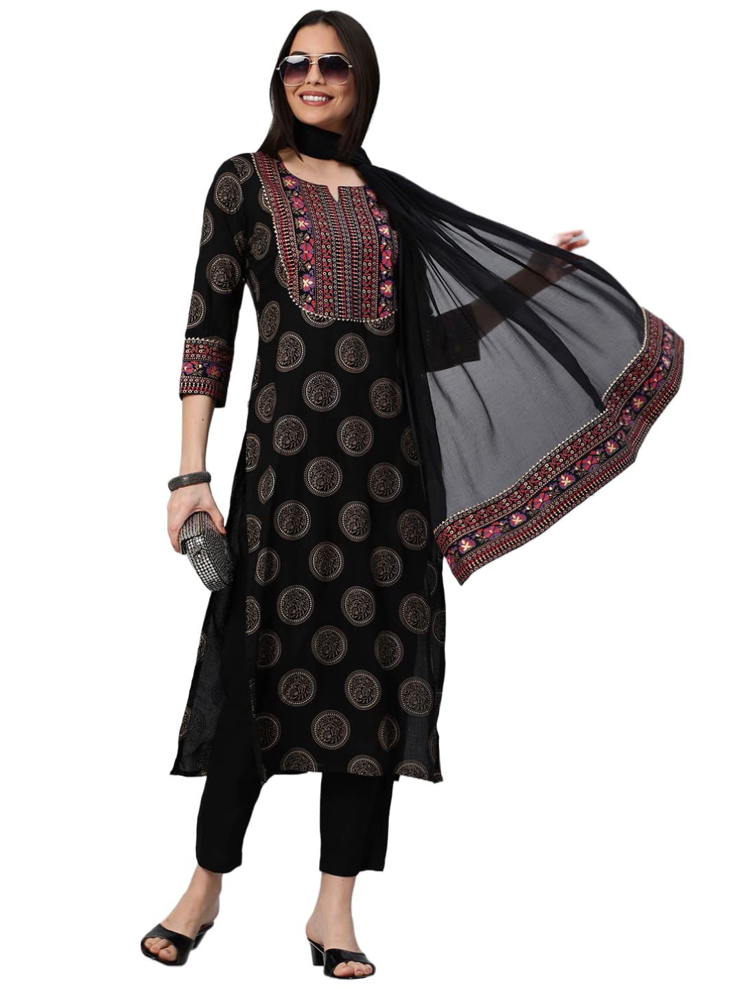 GoSriKiWomen's Cotton Blend Printed Straight Kurta with Pant & Dupatta