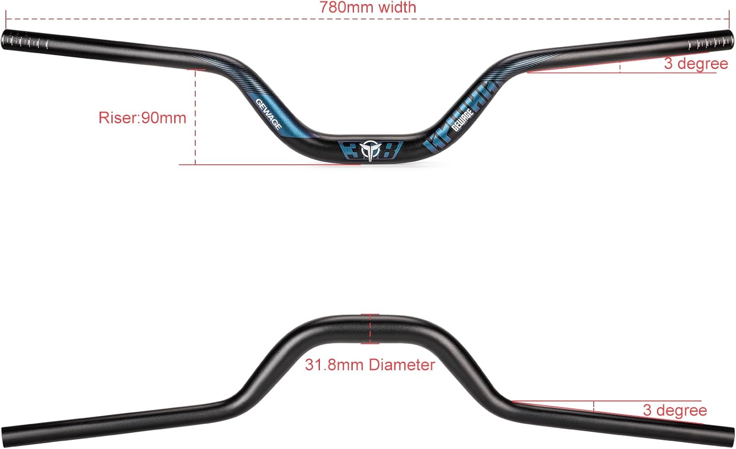 31.8 Bike Handlebar - 25mm, 55mm, 70mm, 90mm,120mm Riser Handlebar - 780mm Aluminium Alloy Mountain Bike Bicycle Handlebars (90mm Rise)