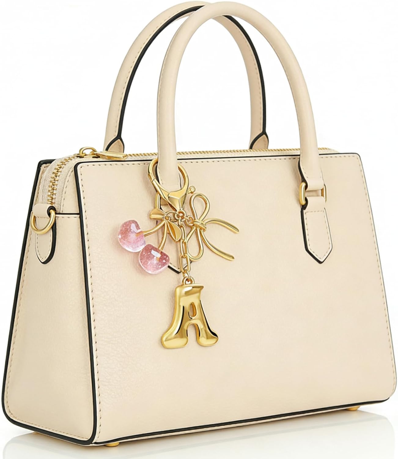 Veryrich Cute Initial Keychain with Bow & Cherry - Gold Letter Bag Charms for Women, Car keyrings Purse Handbag Accessories (Pink - Bow Cherry Letter A)