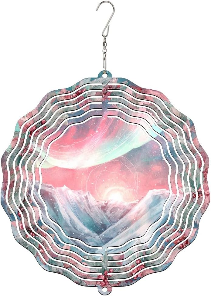 Mountain Wind Spinner, Fantasy Fanciful Aurora Sun Summer Peach Metal Outdoor Color Changing Wind Sculptures Gifts for Garden Patio Porch Balcony Home Decor 12 Inch