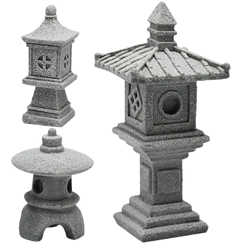 Kisangel 3pcs Mini Pagoda Statue Miniature Japanese Lantern Pagoda Figurines Miniature Fairy Garden Decoration Set Fish Tank Aquarium Ornament Zen Terrarium Bonsai Decor