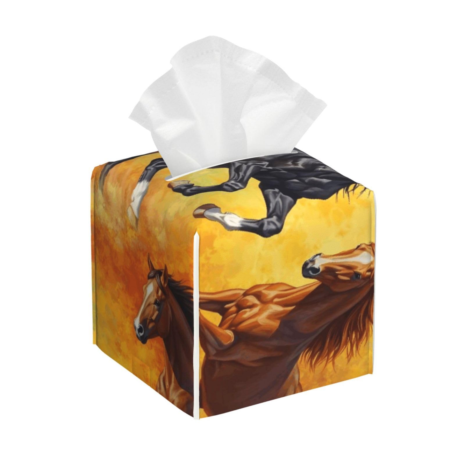 Horses Leather Tissue Box Cover Holder Square Facial Paper Organizer 5.2" X 5.2" X 5.2"