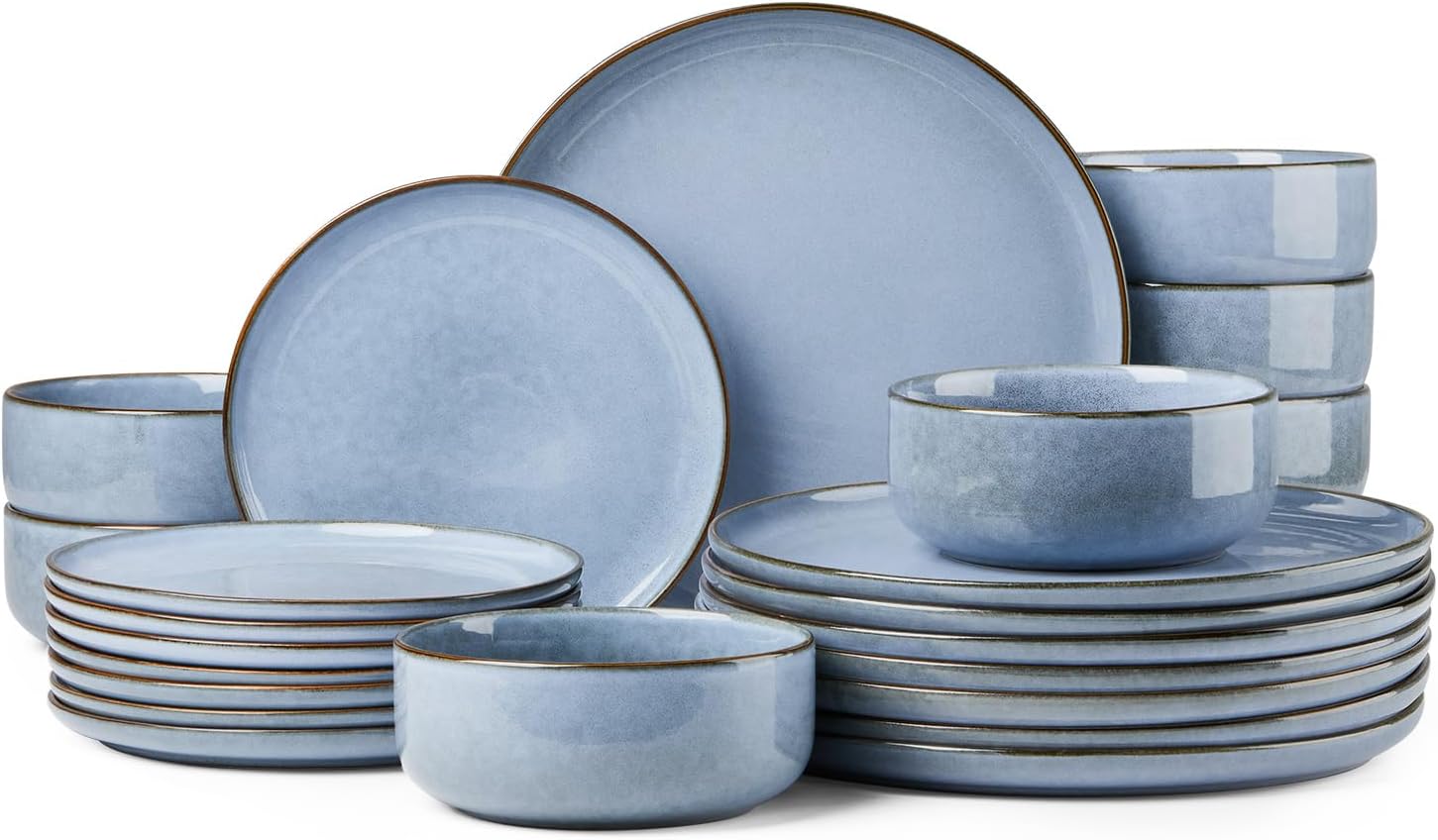 Herogo 24-Piece Stoneware Dinnerware Sets for 8, Stackable Dinner Plates and Bowls Sets, Double Reactive Glaze Dishware Place Setting for Kitchen, Scratch Resistant, Microwave Safe, Haze Blue